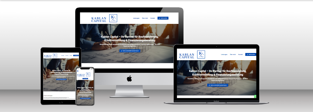 Das responsive Webdesign für Kablan Capital, entwickelt von Reboot-X, wird auf allen Geräten – PC, Tablet und Mobil – optimal dargestellt. Sehen Sie das fertige Design in Aktion.